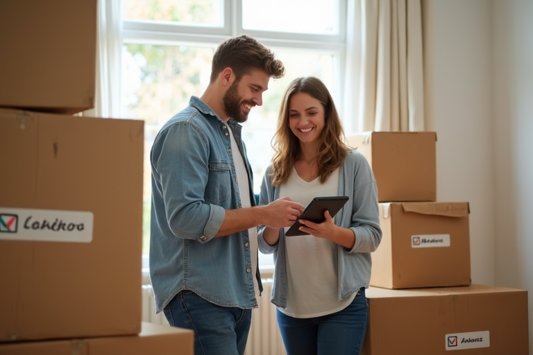 Un couple vérifie sa liste de déménagement, au milieu des cartons
