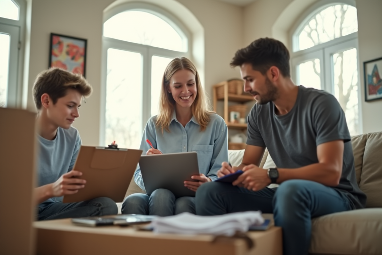 Un couple vérifie sa liste de déménagement, au milieu des cartons