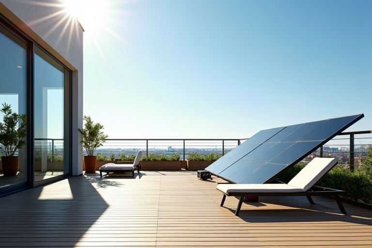 Une terrasse fleurie avec des panneaux solaires en arrière-plan