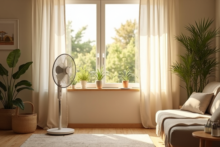Un ventilateur et une plante verte dans le salon pour lutter contre la canicule