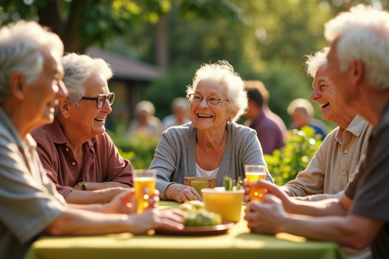 Seniors ensembles dans un jardin communautaire, illustrant la force des liens sociaux en retraite