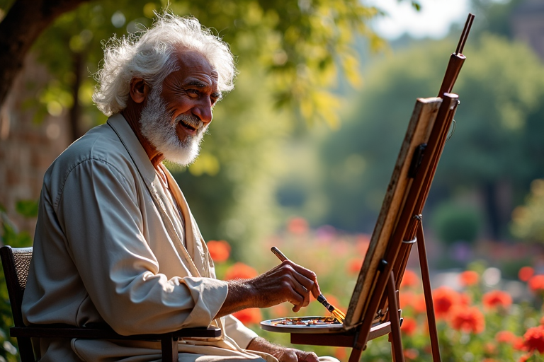 Une personne souriante en train de peindre dans un jardin